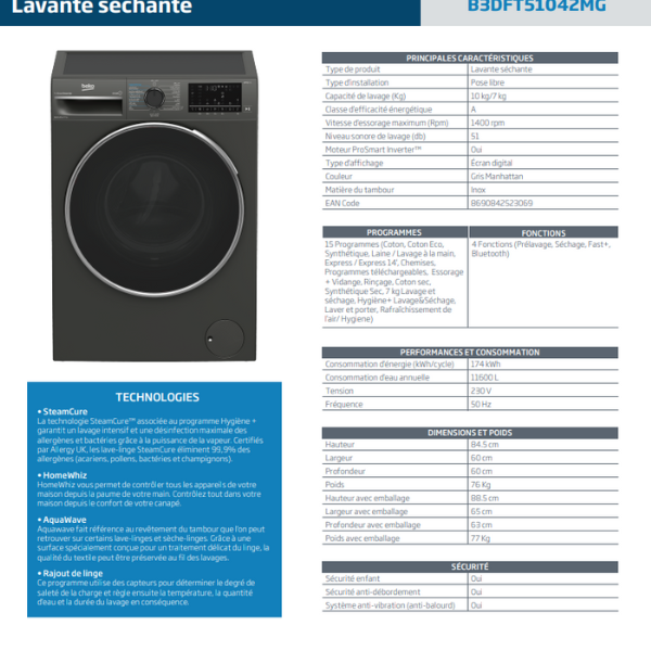 Beko 10kg/7kg Séchage Inverter 1400T/Min